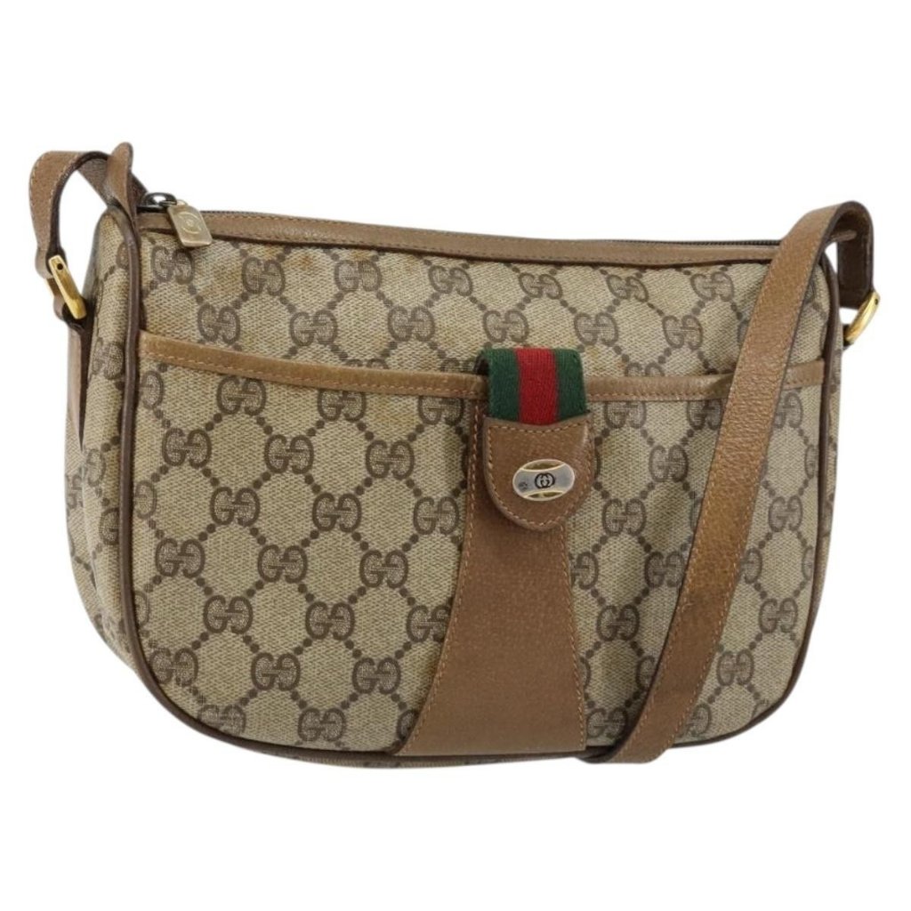 Authentic Gucci Gg Canvas Web Sherry Line Shoulder Bag Pvc Leather Beige Red